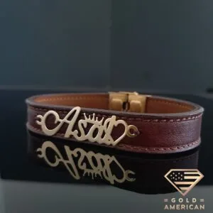 Personalized Asal Gold Leather Bracelet with Heart Personalized Gold Leather Bracelet