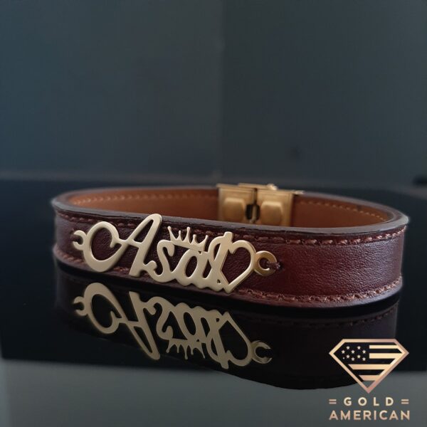 Personalized Asal Gold Leather Bracelet with Heart