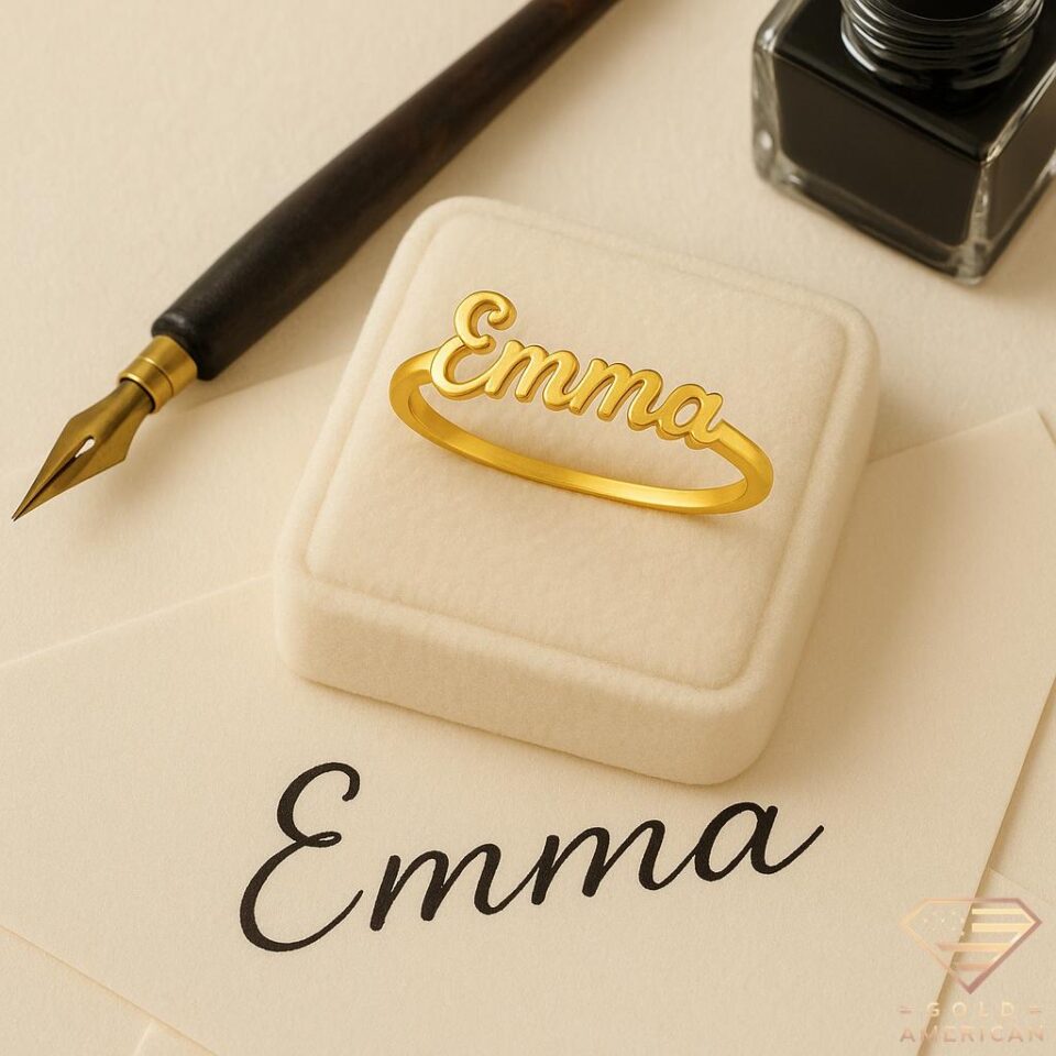 Signature Gold Name Ring Emma on Stand