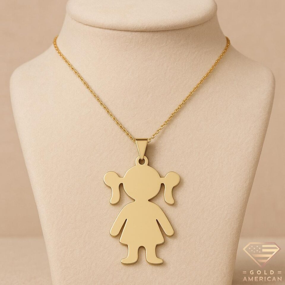 Gold girl silhouette pendant necklace with pigtails on a cable chain