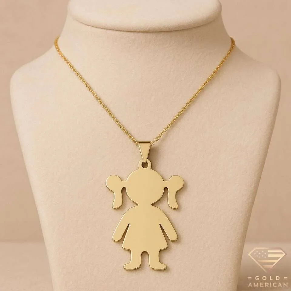 Gold girl silhouette pendant necklace with pigtails on a cable chain