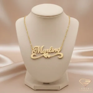 Gold Name Necklace with Two Tiny Hearts