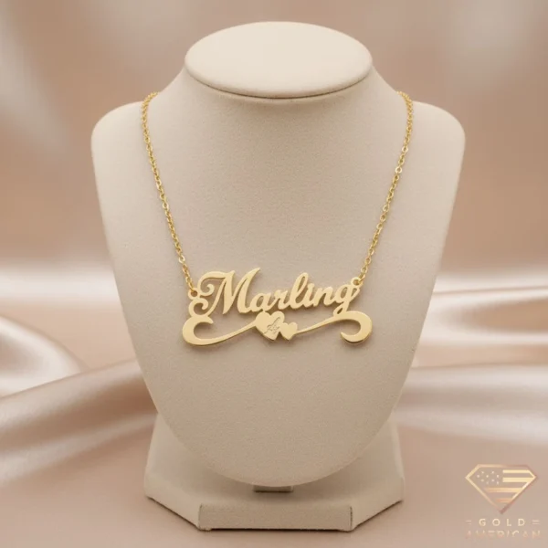 Gold Name Necklace with Two Tiny Hearts