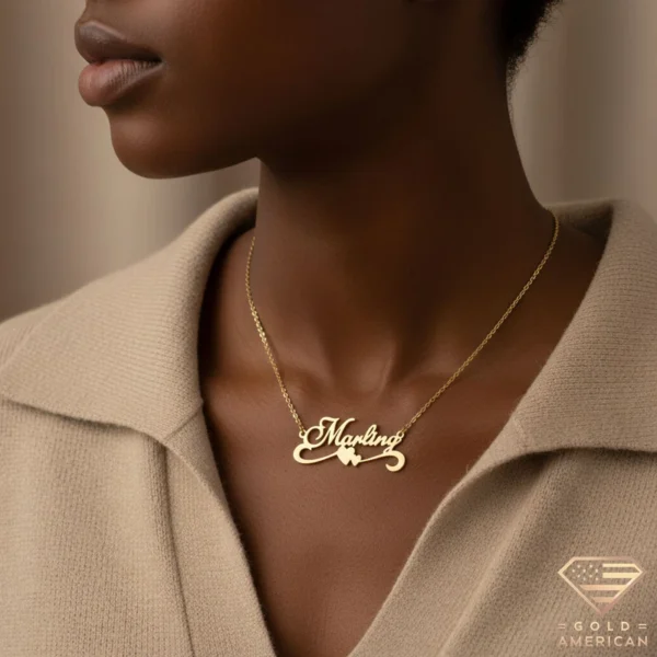 Gold Name Necklace with Two Tiny Hearts Model