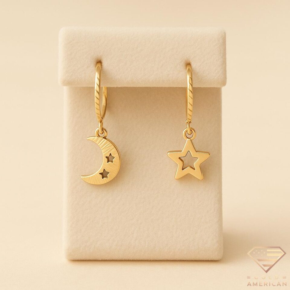 Nightfall Moon and Star Gold Drop Earrings front
