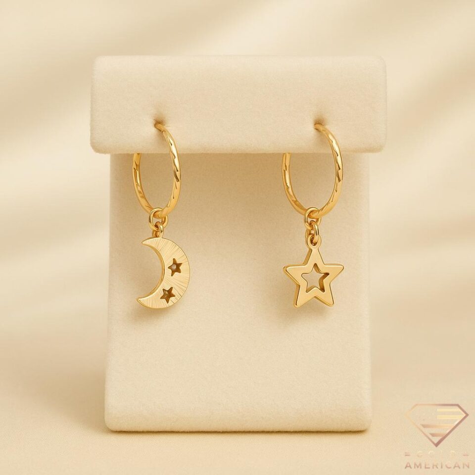 Nightfall Moon and Star Gold Drop Earrings tilted