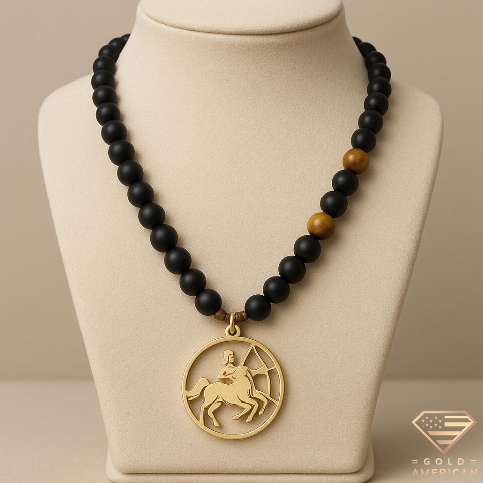 Black onyx beaded necklace with tiger’s eye accents and round gold Sagittarius centaur archer pendant