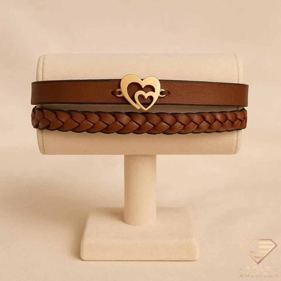 Twin Hearts Leather Gold Wrap Bracelet