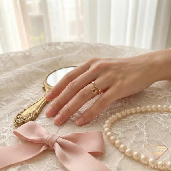 Flower Gold Ring with Charm on Hand