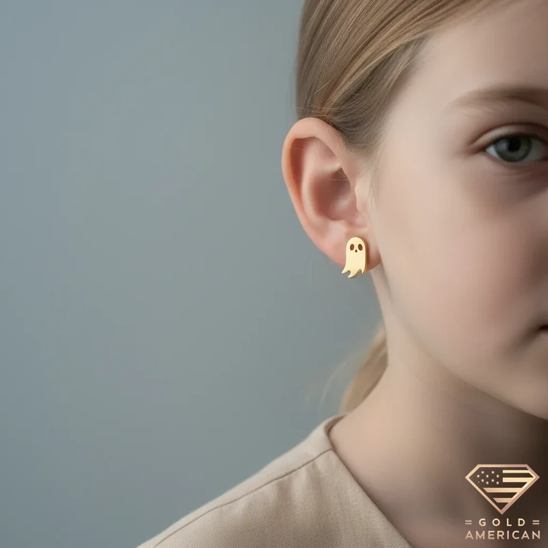 Little Boo Ghost Gold Stud Earrings on Model
