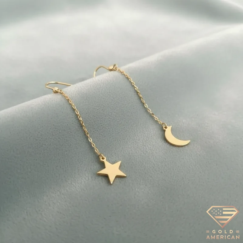 Moon and Star Gold Drop Earrings Close Up