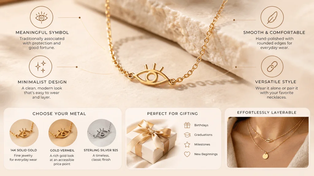 Minimalist 14K gold evil eye necklace with material options and layering ideas