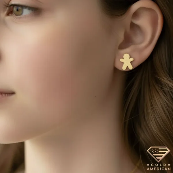Gingerbread Man Gold Earrings Model Close up