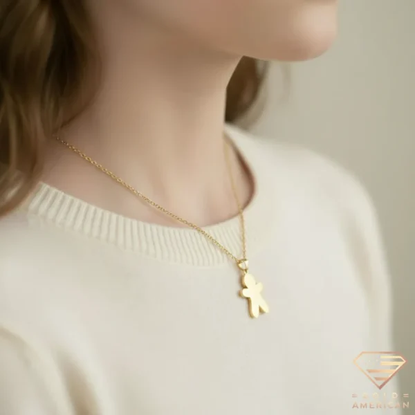 Gingerbread Man Gold Necklace Model Close up