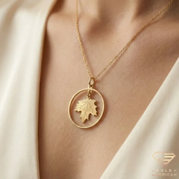 Gold Maple Leaf Pendant Necklace Model Close up
