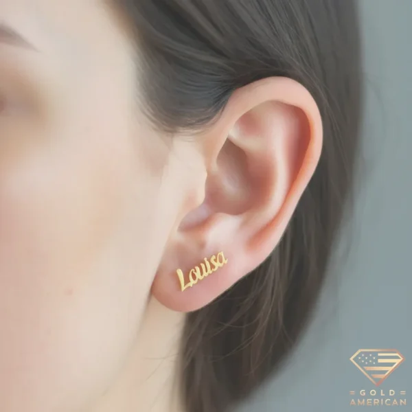 Gold Name Stud Earrings Louisa Close Up