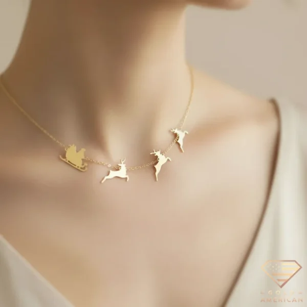 Santa Sleigh & Reindeer Gold Necklace Model Close up
