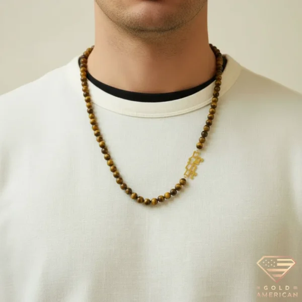 Side Gold Name Necklace for Men Model Arthur Tiger Eye