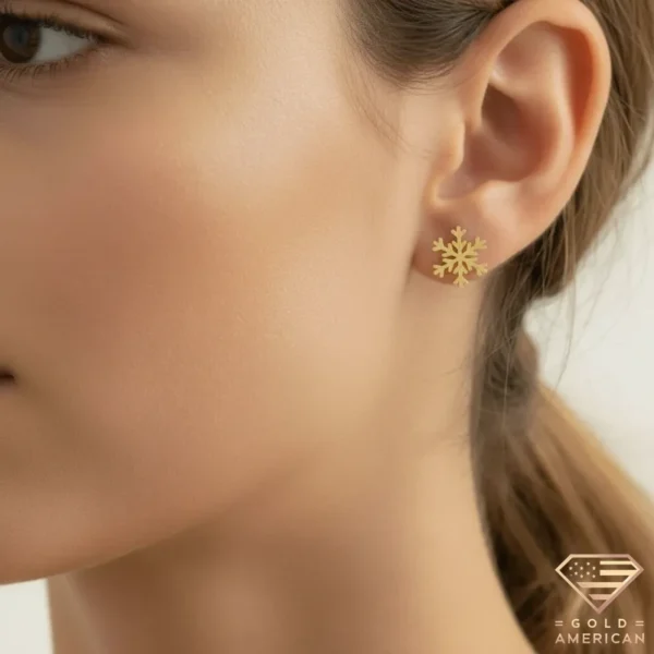 Snowflake Gold Earrings Model Close up