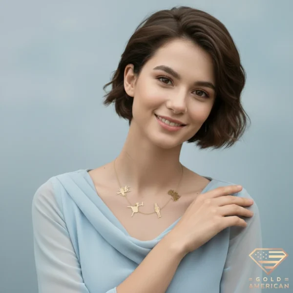 The Nutcracker Gold Necklace Model Hand on Shoulder
