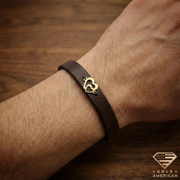 Twin Hearts Leather Gold Wrap Bracelet Model