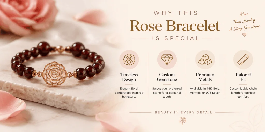 Gold rose bracelet with custom gemstone and premium material options
