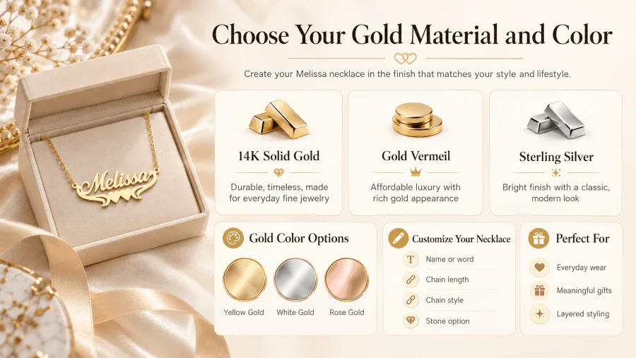 Gold name necklace material and color customization options