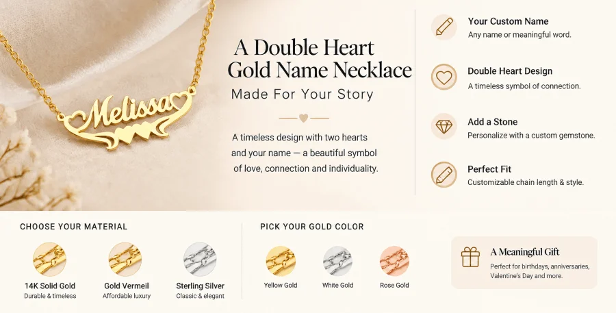 Personalized Double Heart Gold Name Necklace with Custom Melissa Name Pendant