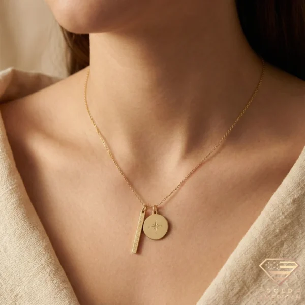 14k Gold Coordinate Bar Necklace Model Close up