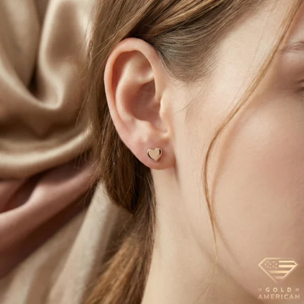 14k Gold Heart Stud Earrings Model Close up