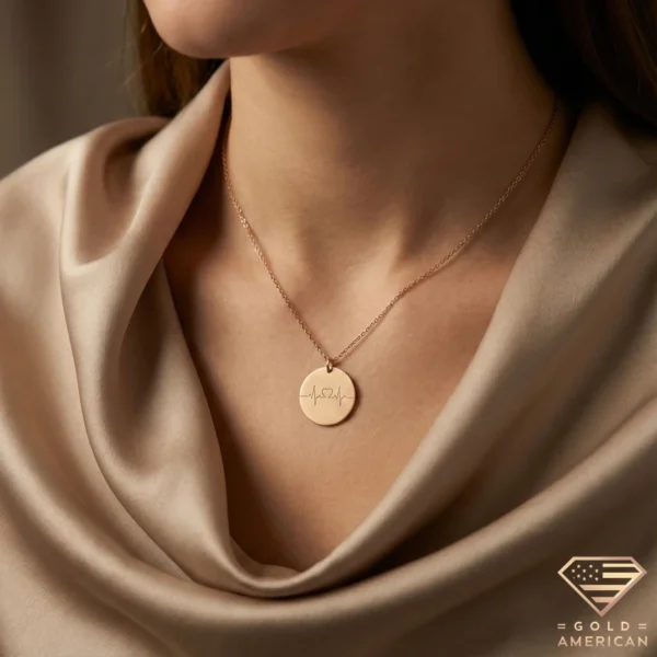 14k Gold Heartbeat Necklace Model Close up