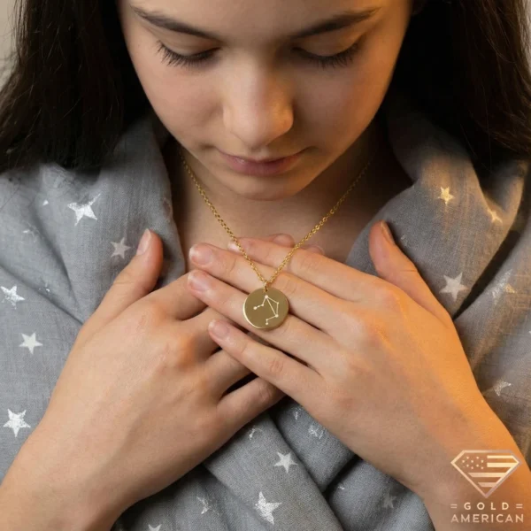 14k Gold Zodiac Constellation Necklace Libra Model Hands