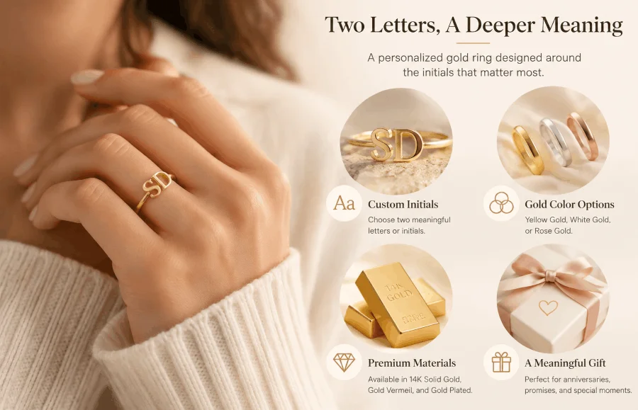 two letter initial gold ring for couples