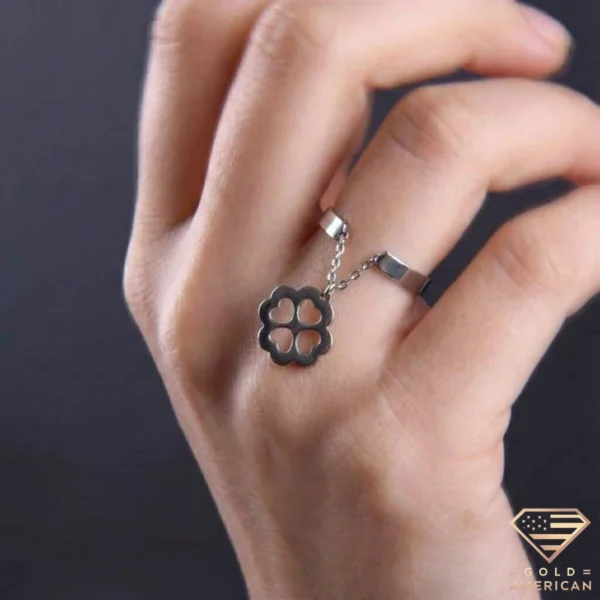 Clover Charm Gold Ring on Hand Close up