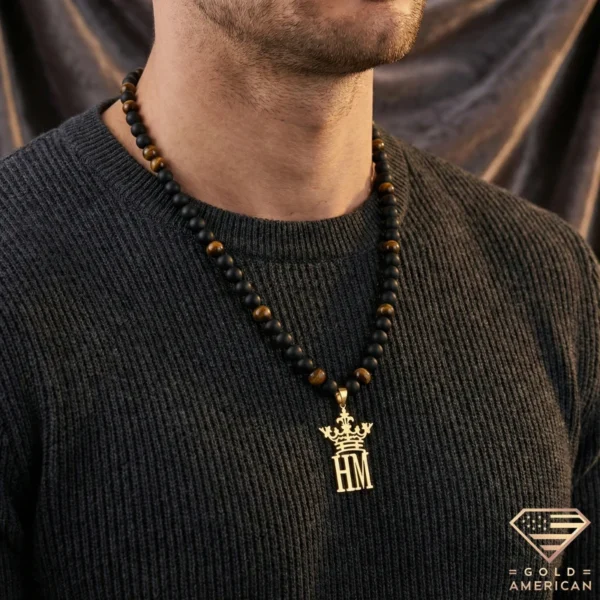 Crowned Double Initial Gold Necklace Model Close up