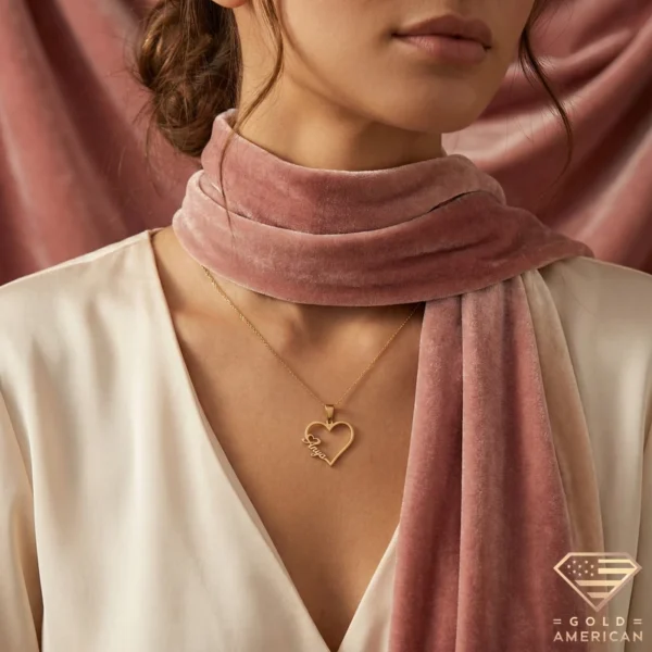 Custom 14k Gold Heart Name Necklace Model Close up