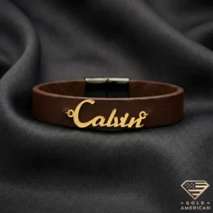 Custom Gold Name Brown Leather Bracelet