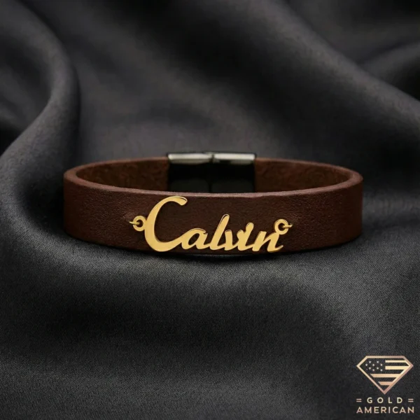Custom Gold Name Brown Leather Bracelet