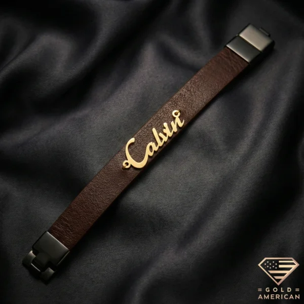 Custom Gold Name Brown Leather Bracelet Open