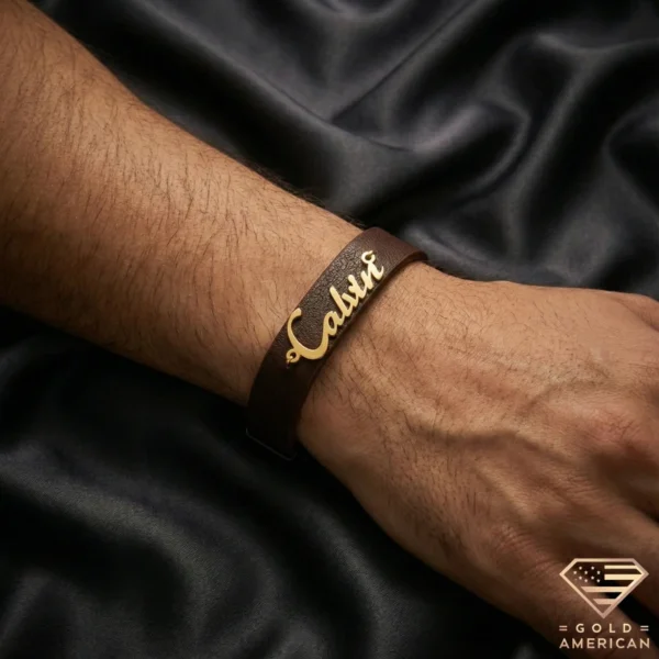 Custom Gold Name Brown Leather Bracelet on Hand