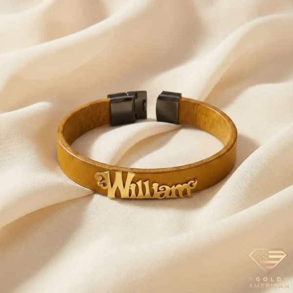 Custom Gold Name Camel Leather Bracelet