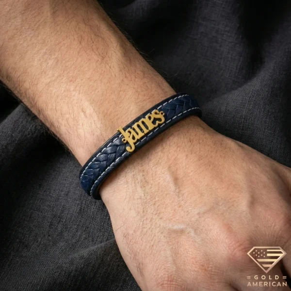 Custom Gold Name Leather Bracelet on Hand