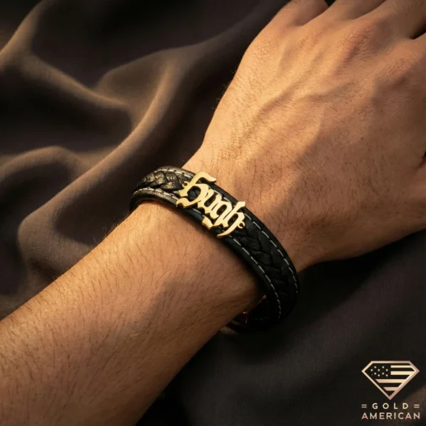 Custom Gold Nameplate Leather Bracelet on Hand