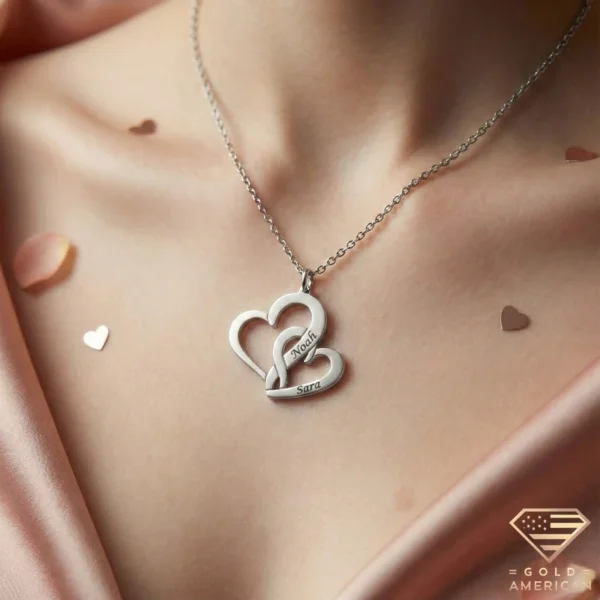 Custom Interlocking Hearts Name Necklace Model Close up