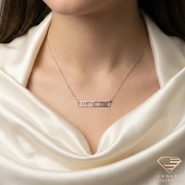 Custom Roman Numeral Date Bar Necklace Model Close up