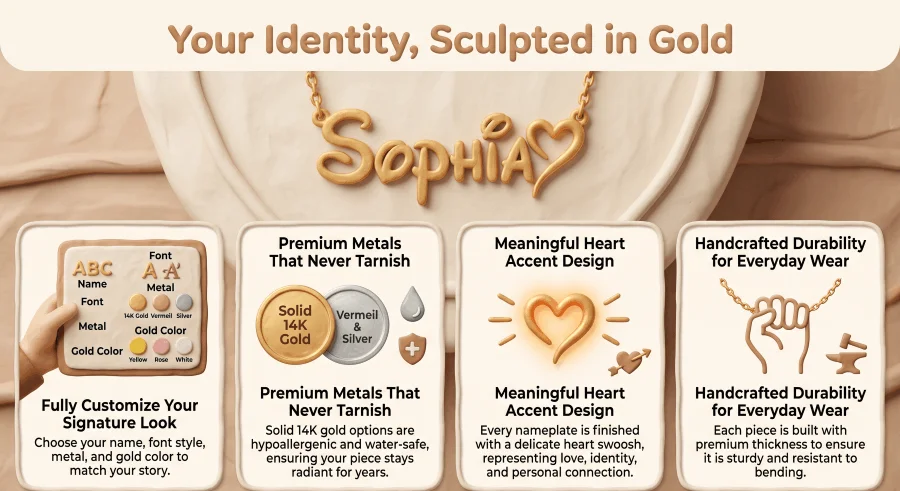 Custom Gold Nameplate Necklace Features Custom Gold Nameplate Necklace Features