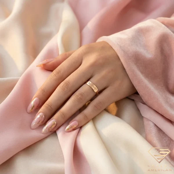 Engraved Name Plate Gold Ring on Hand