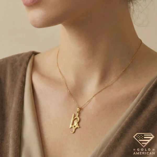 Gold Arabic Name Necklace Model Close up