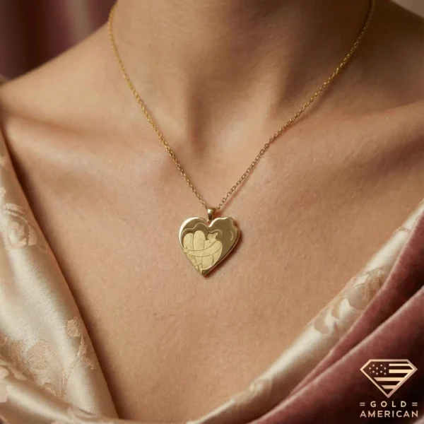 Gold Heart Hugging Girl Necklace Model Close up