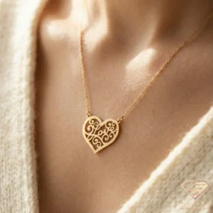 Love Heart Gold Necklace Model Close up